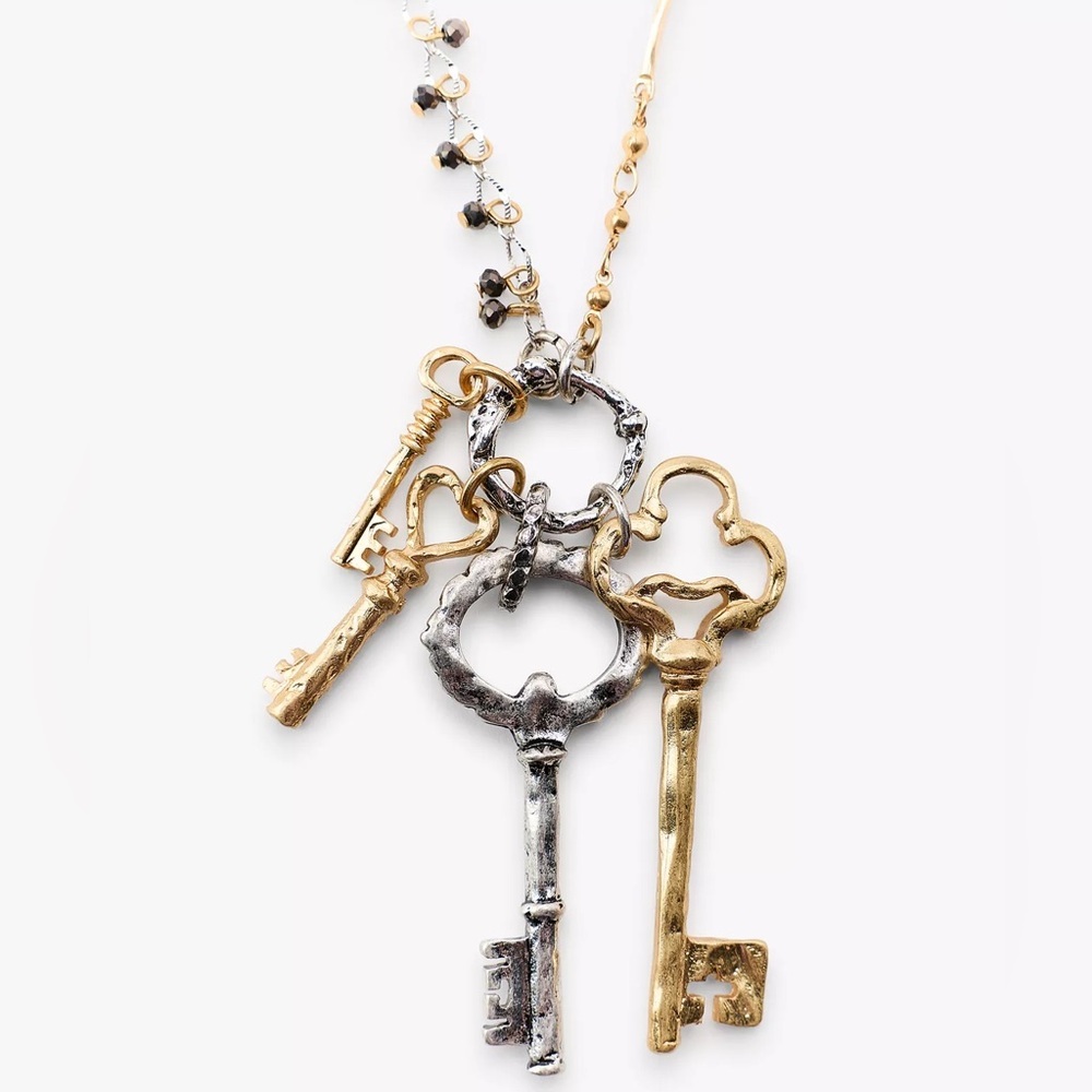 Zara 2-PACK OF COMBINATION PLATE & KEY NECKLACES Gold & Silver Tones Beading NIB - Picture 4 of 7